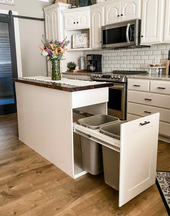 Kitchen Island with Pull-Out Trash Cabinet &amp; Drawers - Butcher Block Top - Handmade