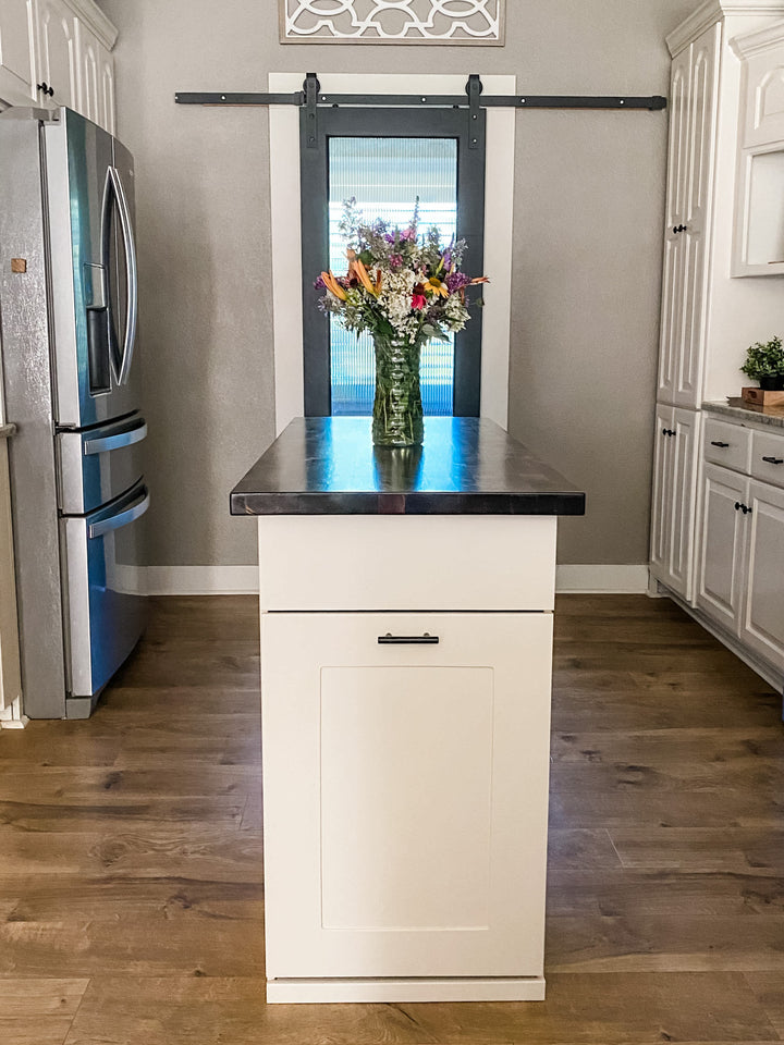 Kitchen Island with Pull-Out Trash Cabinet &amp; Drawers - Butcher Block Top - Handmade