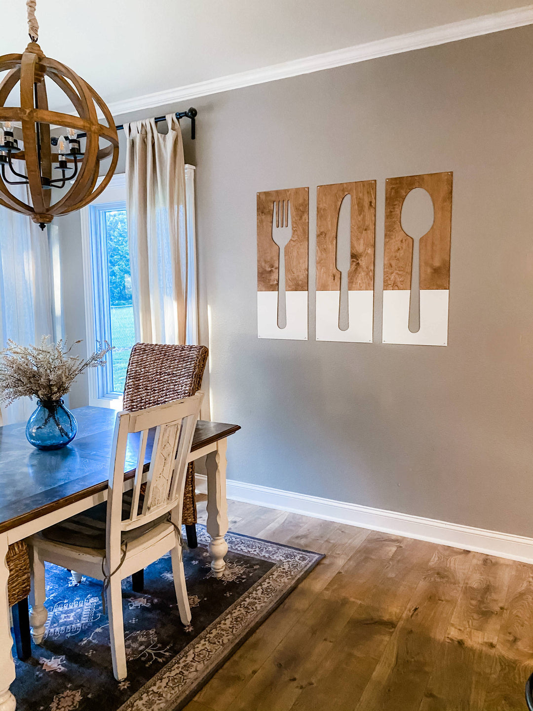 Light brown + white fork, spoon, and knife wood wall decor set