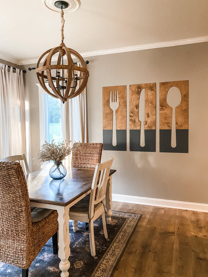 Light brown + charcoal fork, spoon, and knife wood wall decor set