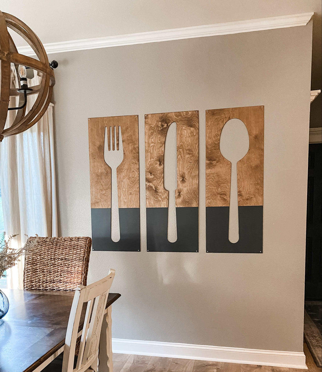Light brown + charcoal fork, spoon, and knife wood wall decor set