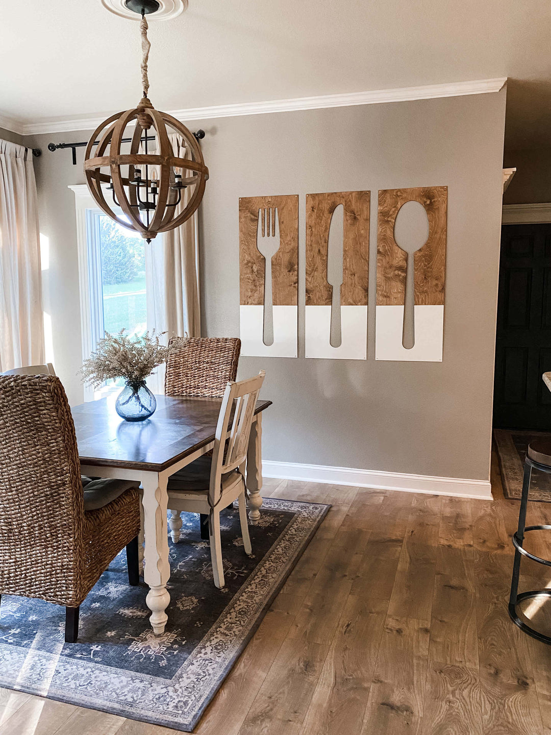 Light brown + white fork, spoon, and knife wood wall decor set