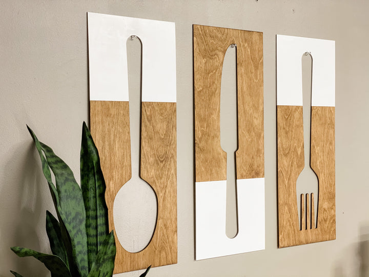 Light brown + white fork, spoon, and knife wood wall decor set