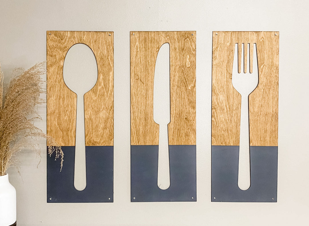 Light brown + charcoal fork, spoon, and knife wood wall decor set