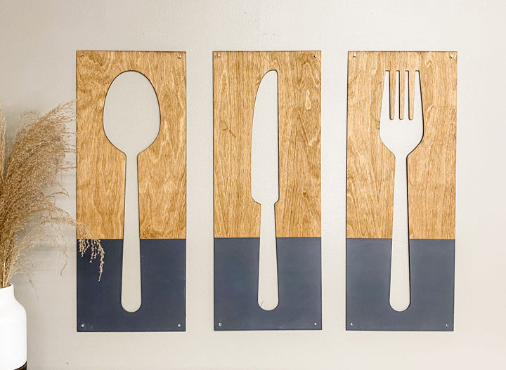 Light brown + charcoal fork, spoon, and knife wood wall decor set