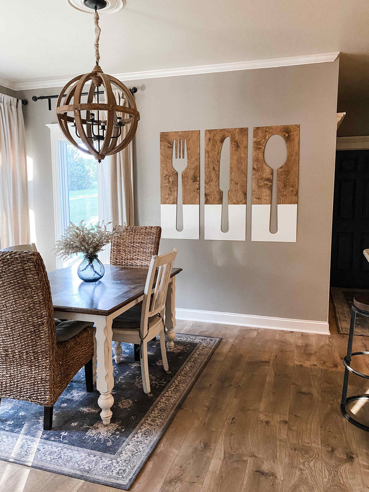 Light brown + white fork, spoon, and knife wood wall decor set