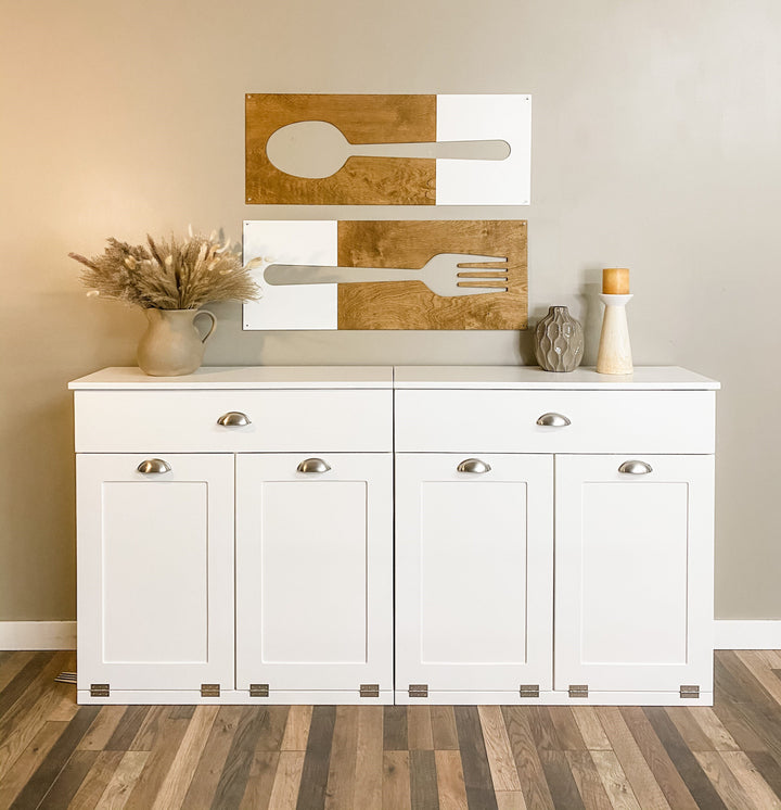 Light brown + white fork, spoon, and knife wood wall decor set