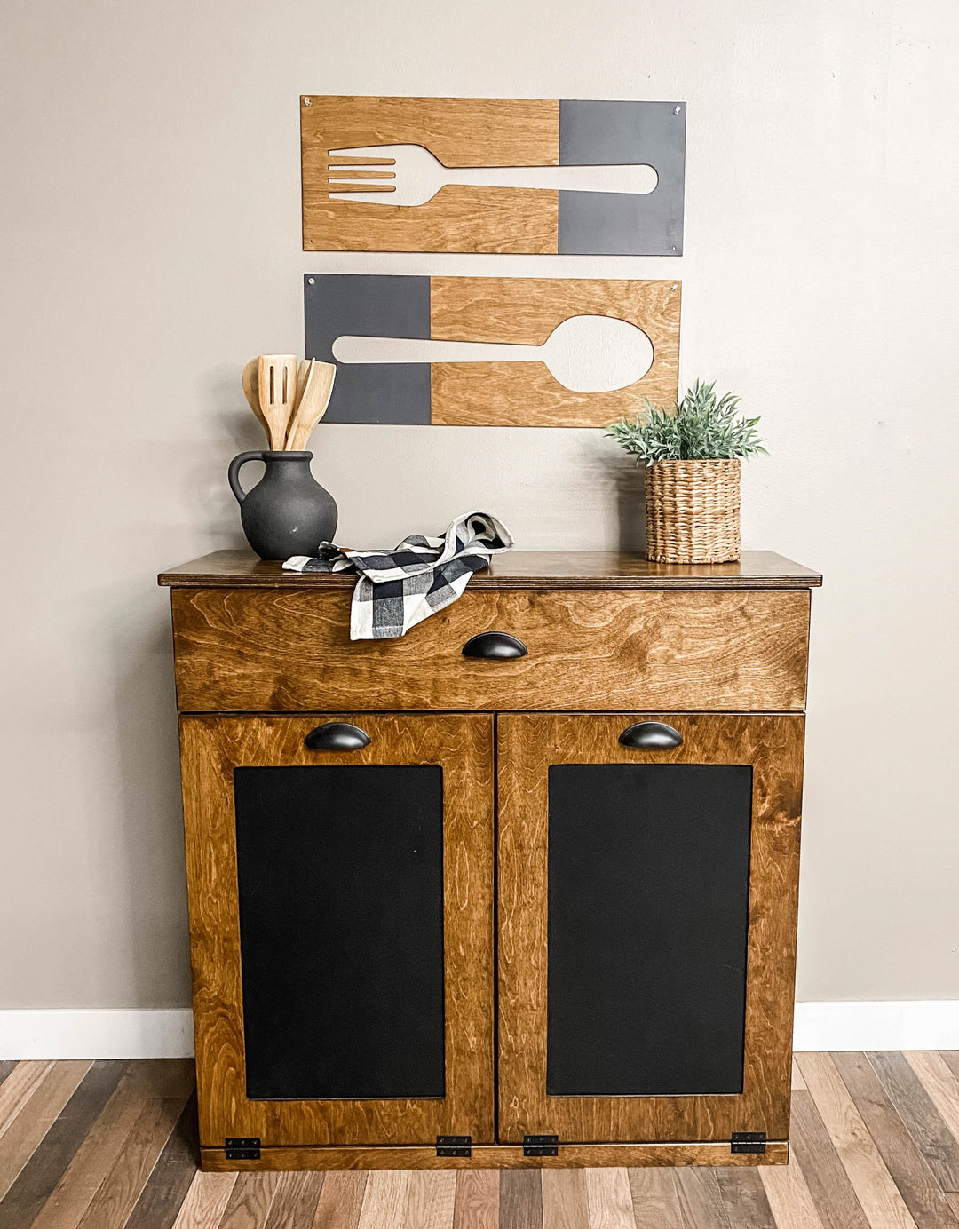 Light brown + charcoal fork, spoon, and knife wood wall decor set
