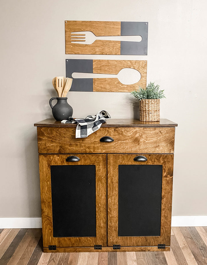 Light brown + charcoal fork, spoon, and knife wood wall decor set