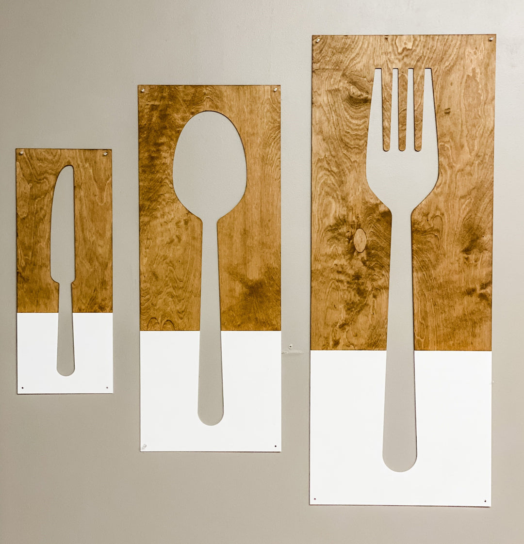 Light brown + charcoal fork, spoon, and knife wood wall decor set