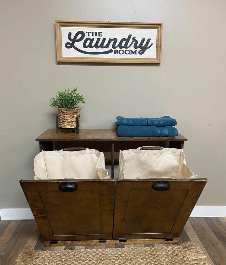 Double tilt out wood laundry hamper in warm brown stain