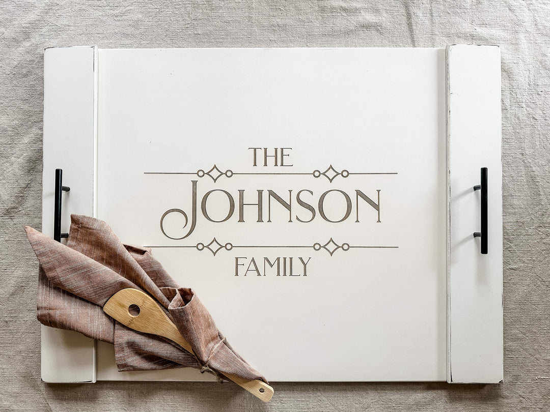 Personalized family name stove cover, ivory distressed "Johnson"