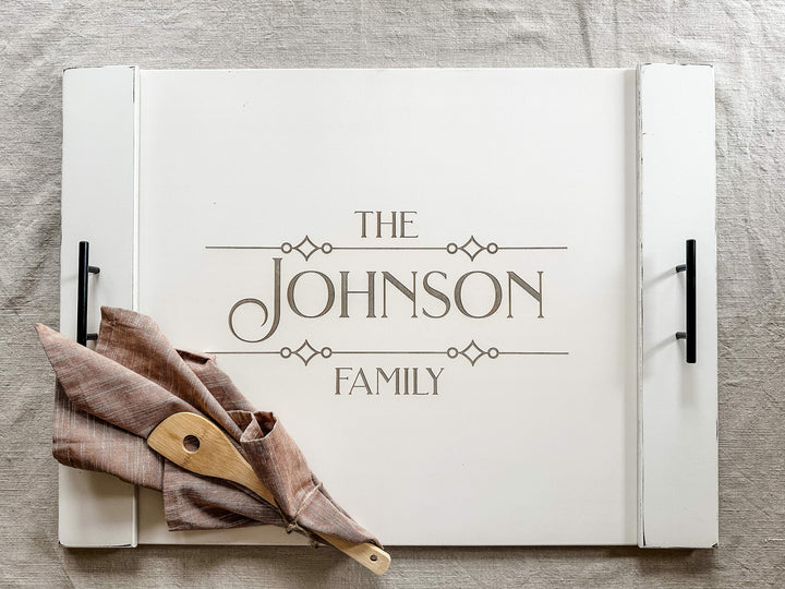 Personalized family name stove cover, ivory distressed "Johnson"