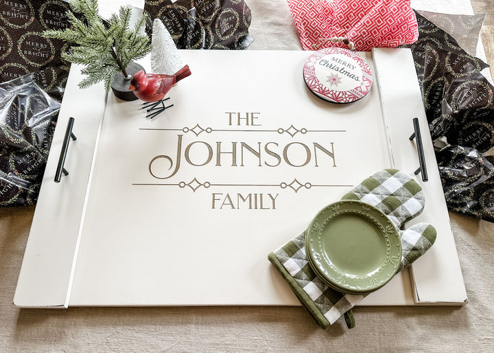 Personalized family name stove cover, ivory distressed "Johnson"