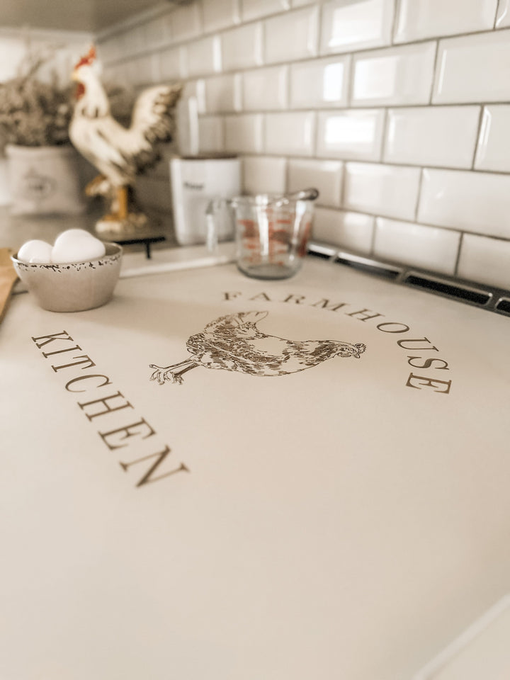 "Farmhouse kitchen" stove cover, ivory distressed