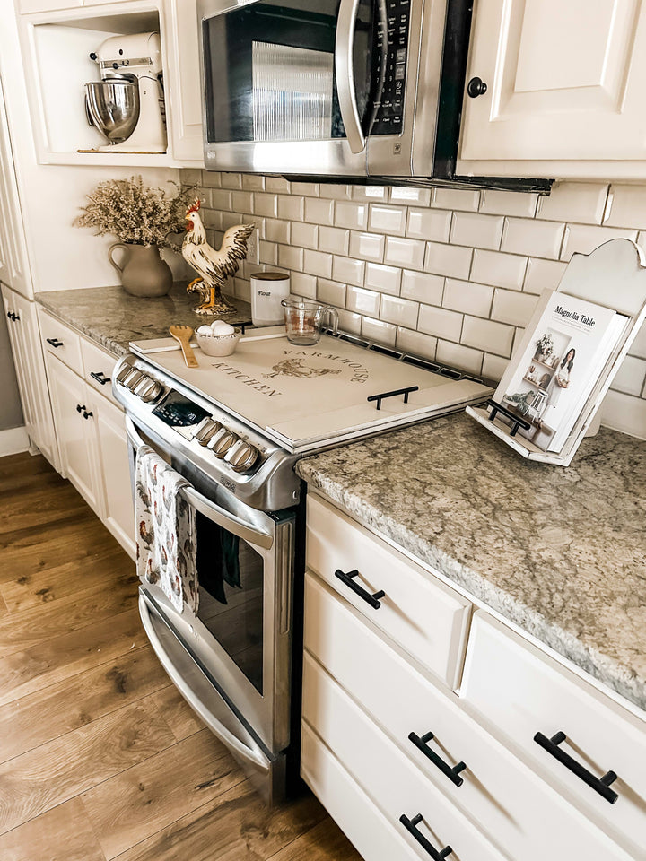 "Farmhouse kitchen" stove cover, ivory distressed
