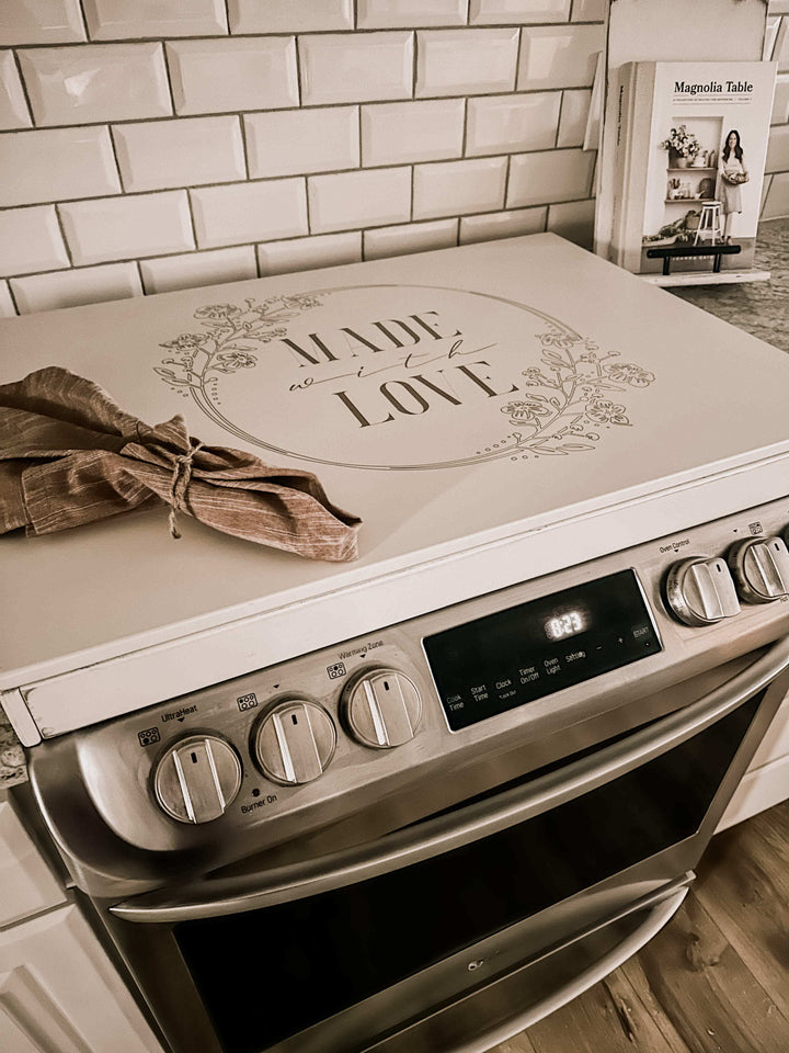 "Made with love" stove cover, ivory distressed