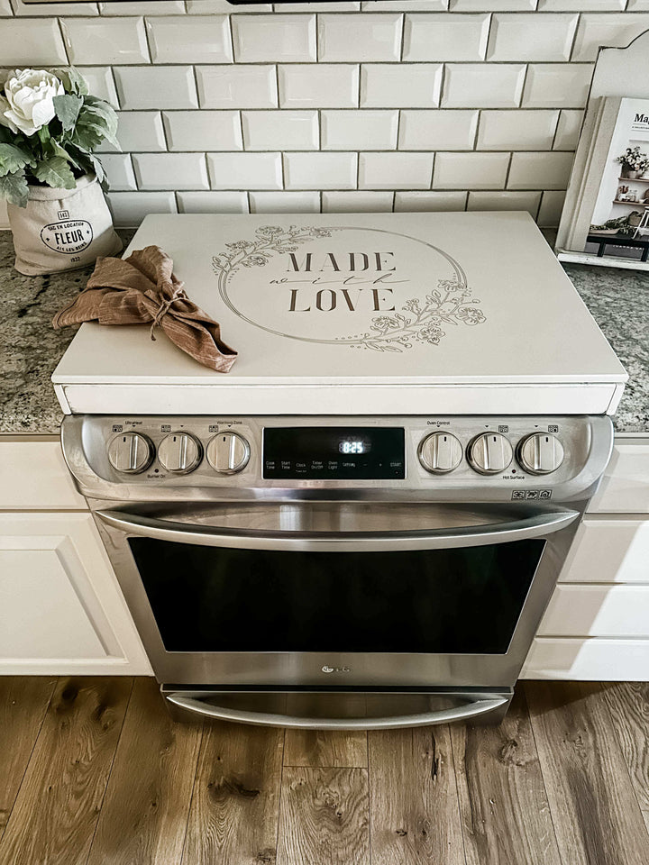 "Made with love" stove cover, ivory distressed