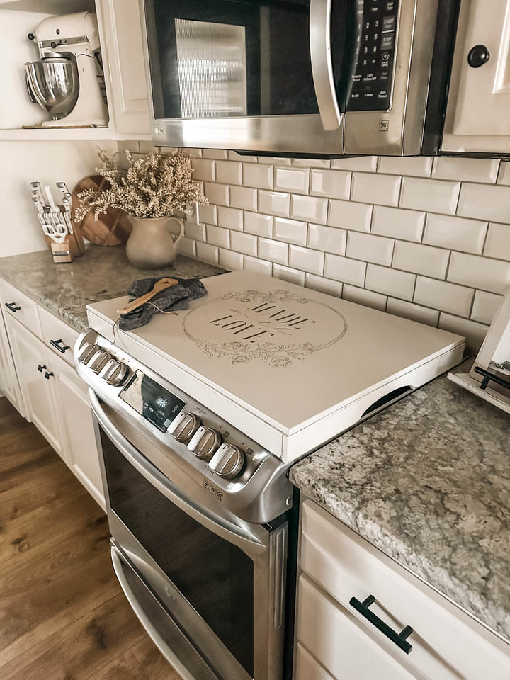 "Made with love" stove cover, ivory distressed