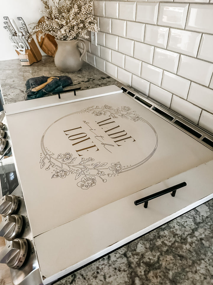 "Made with love" stove cover, ivory distressed