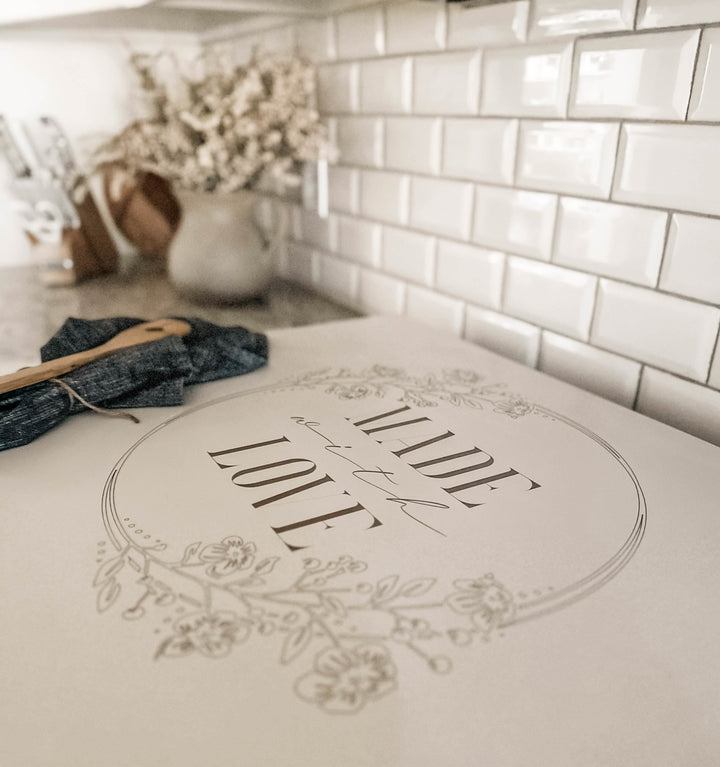 "Made with love" stove cover, ivory distressed