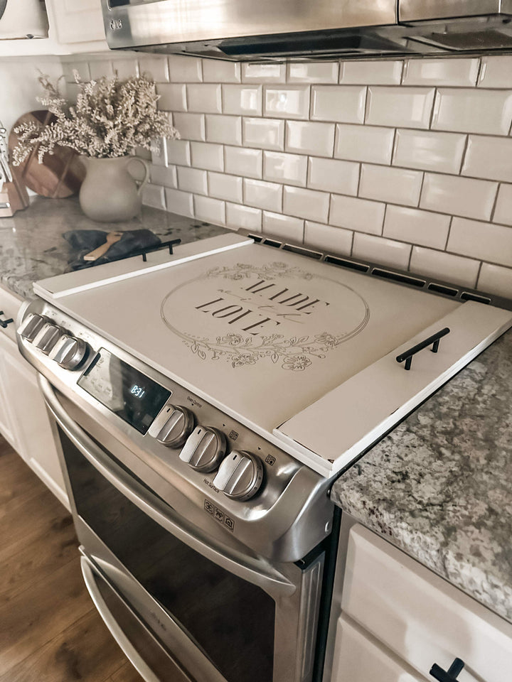 "Made with love" stove cover, ivory distressed