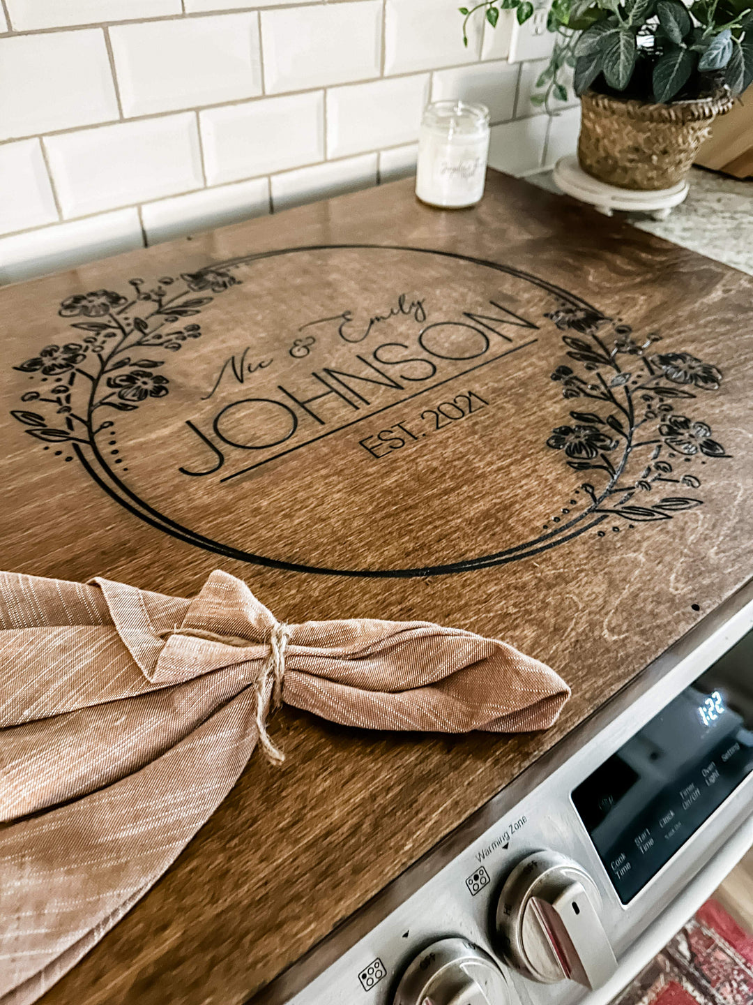 Personalized wedding stove cover, warm brown + dark script