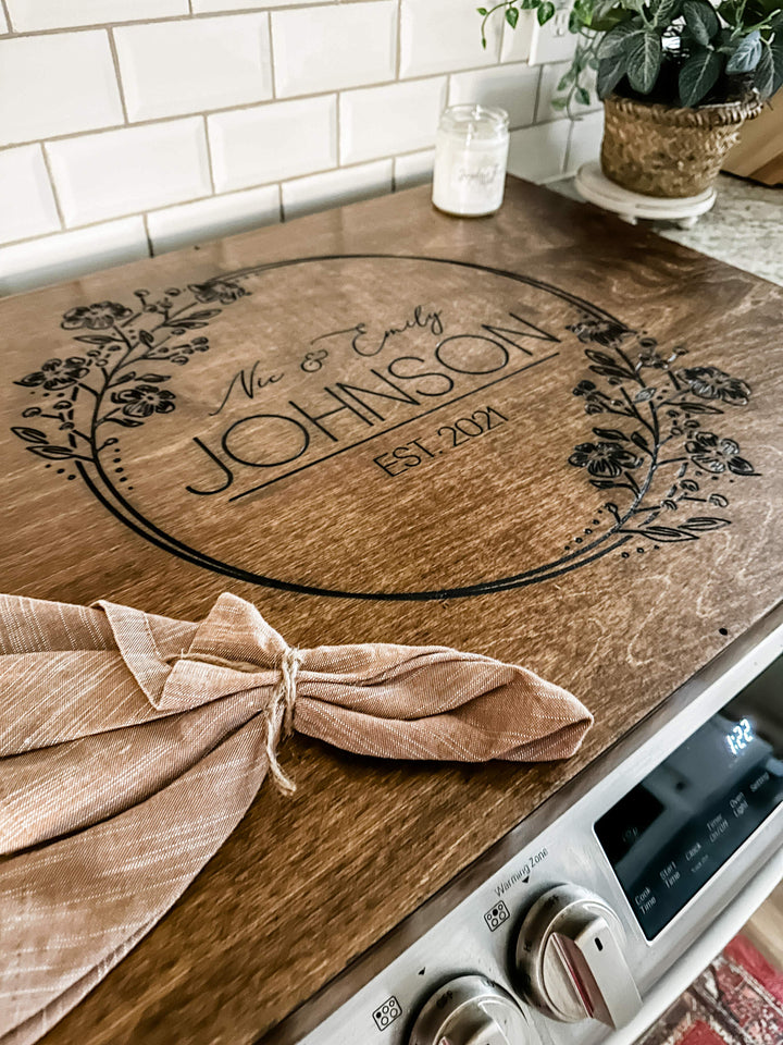 Personalized wedding stove cover, warm brown + dark script