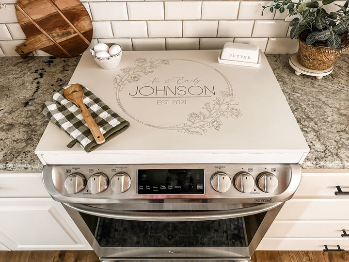 Personalized wedding stove cover, ivory distressed