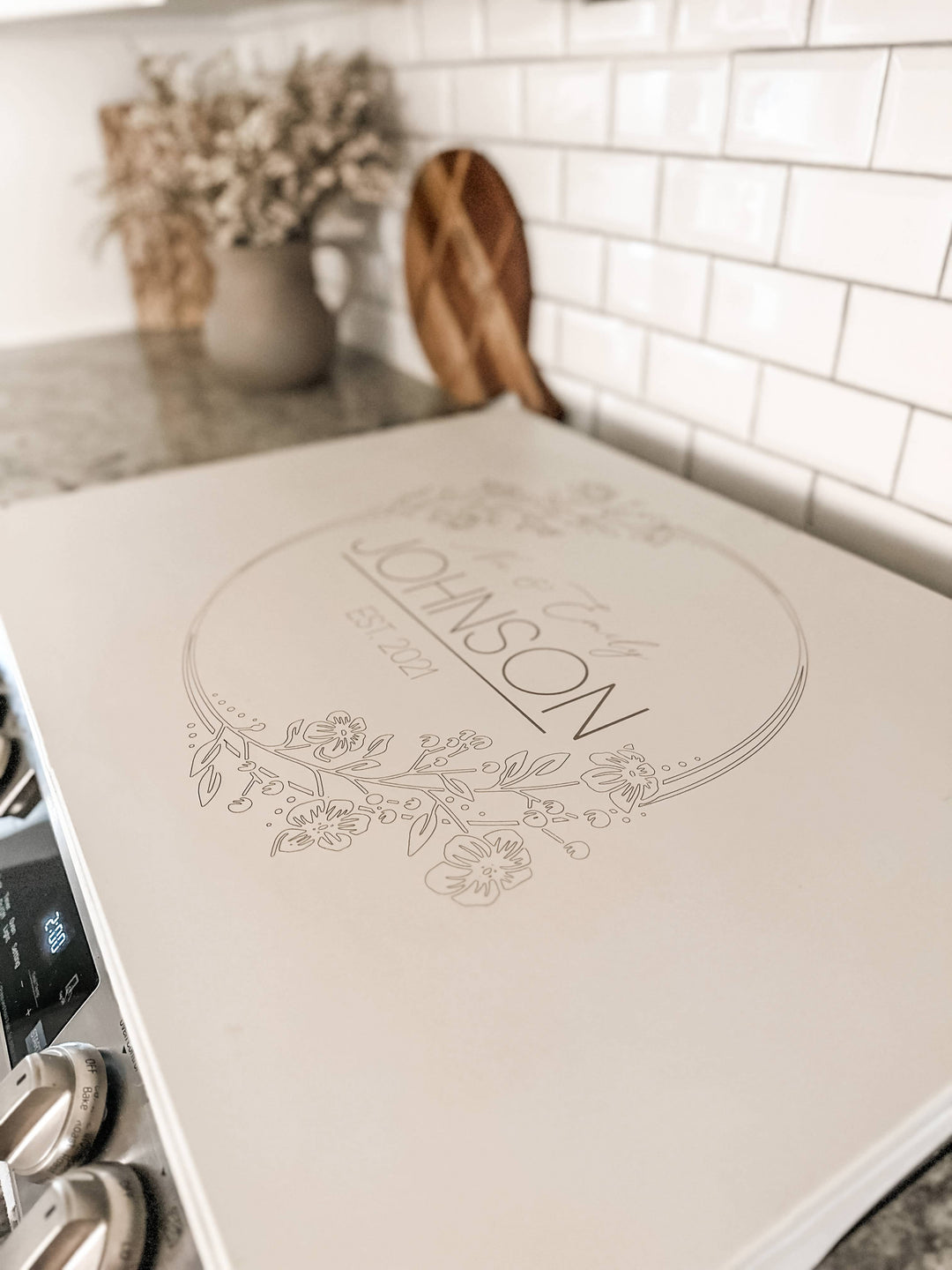 Personalized wedding stove cover, ivory distressed