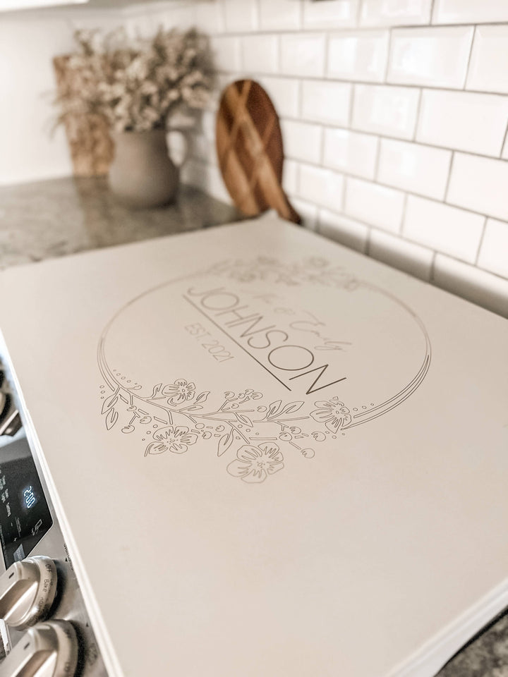 Personalized wedding stove cover, ivory distressed