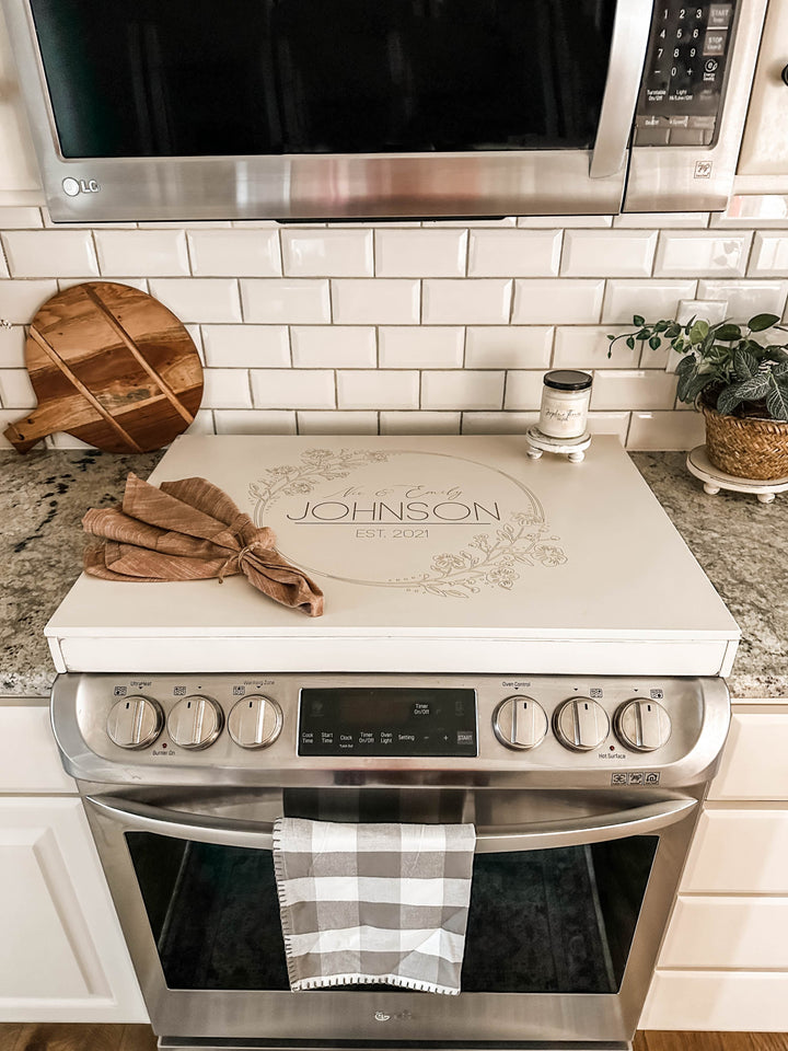 Personalized wedding stove cover, ivory distressed
