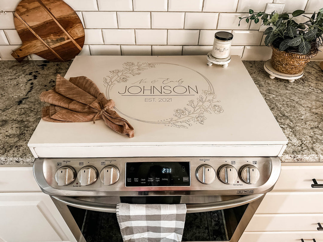 Personalized wedding stove cover, ivory distressed