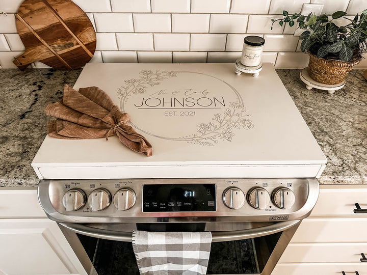 Personalized wedding stove cover, ivory distressed