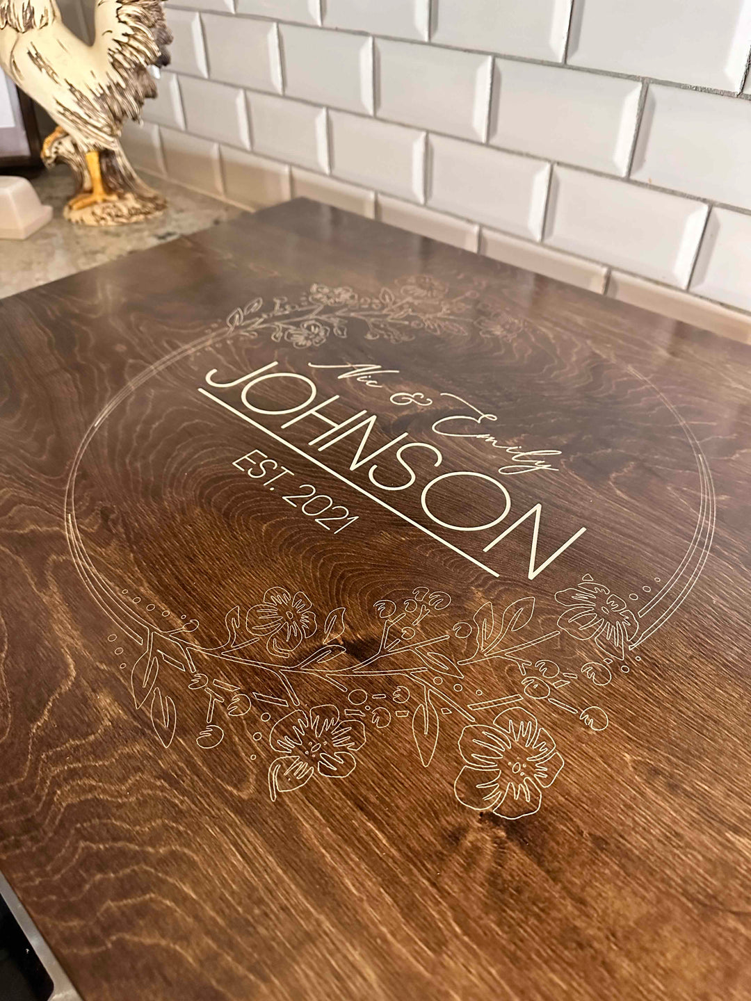 Personalized wedding stove cover, warm brown + soft white