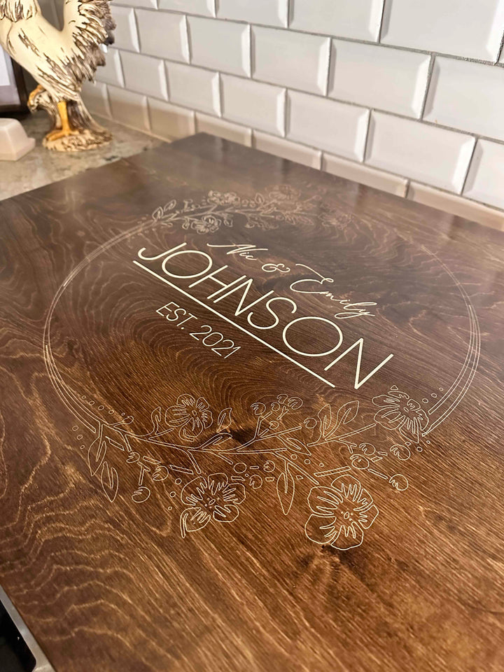 Personalized wedding stove cover, warm brown + soft white