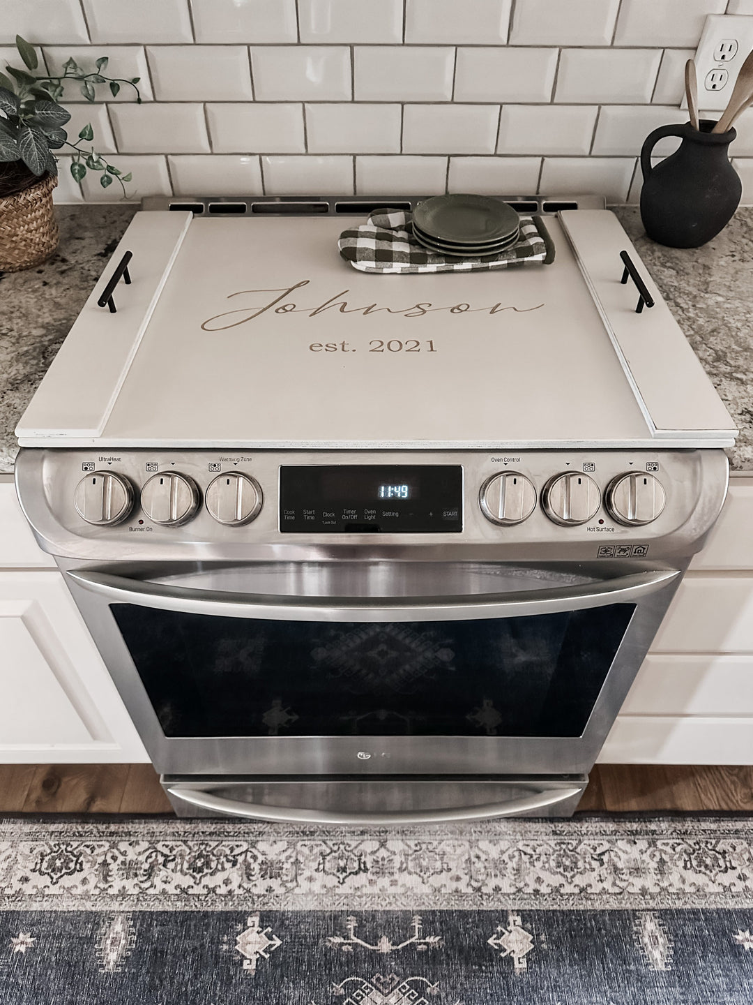 Personalized last name stove cover, ivory distressed "Valencia"