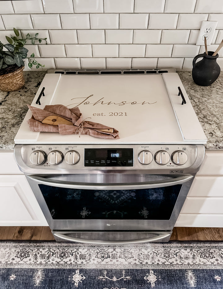 Personalized last name stove cover, ivory distressed "Valencia"