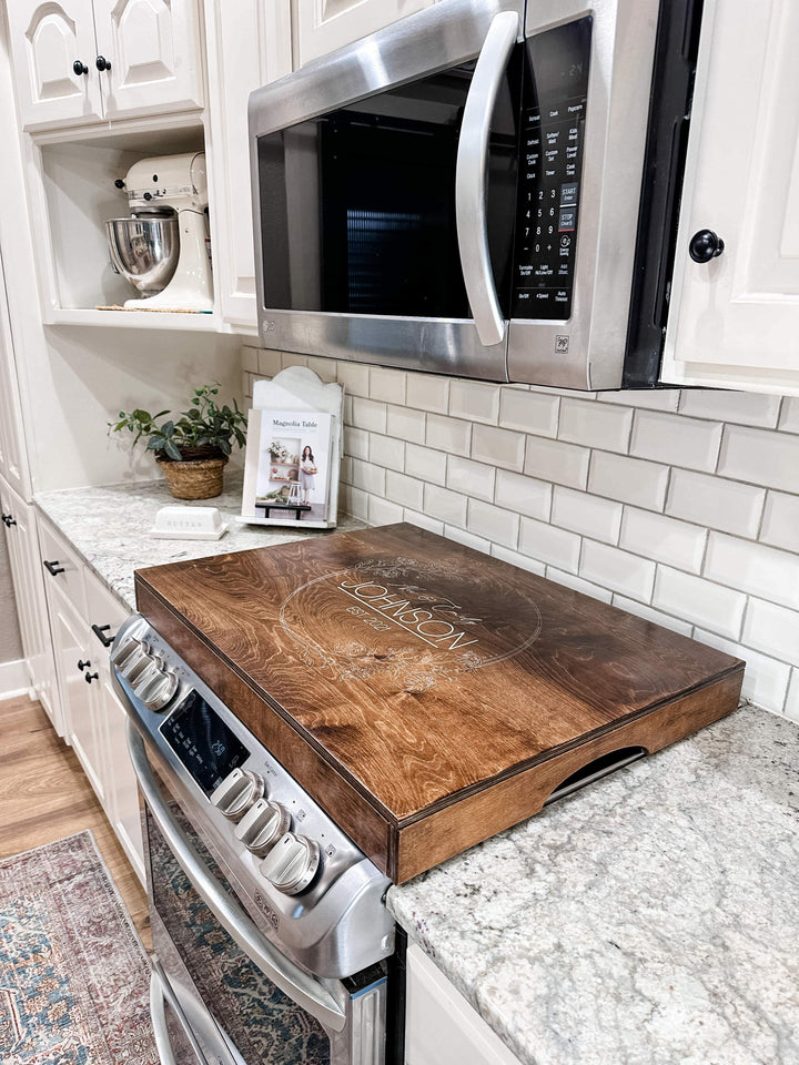 Personalized wedding stove cover, warm brown + soft white