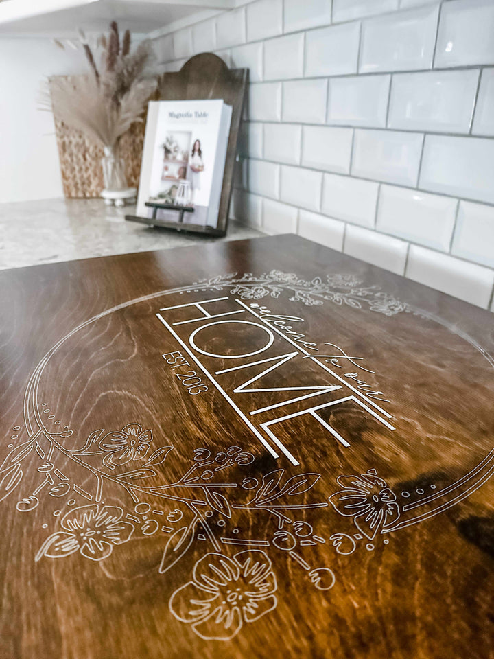 Personalized "welcome to our home" stove cover, warm brown + soft white
