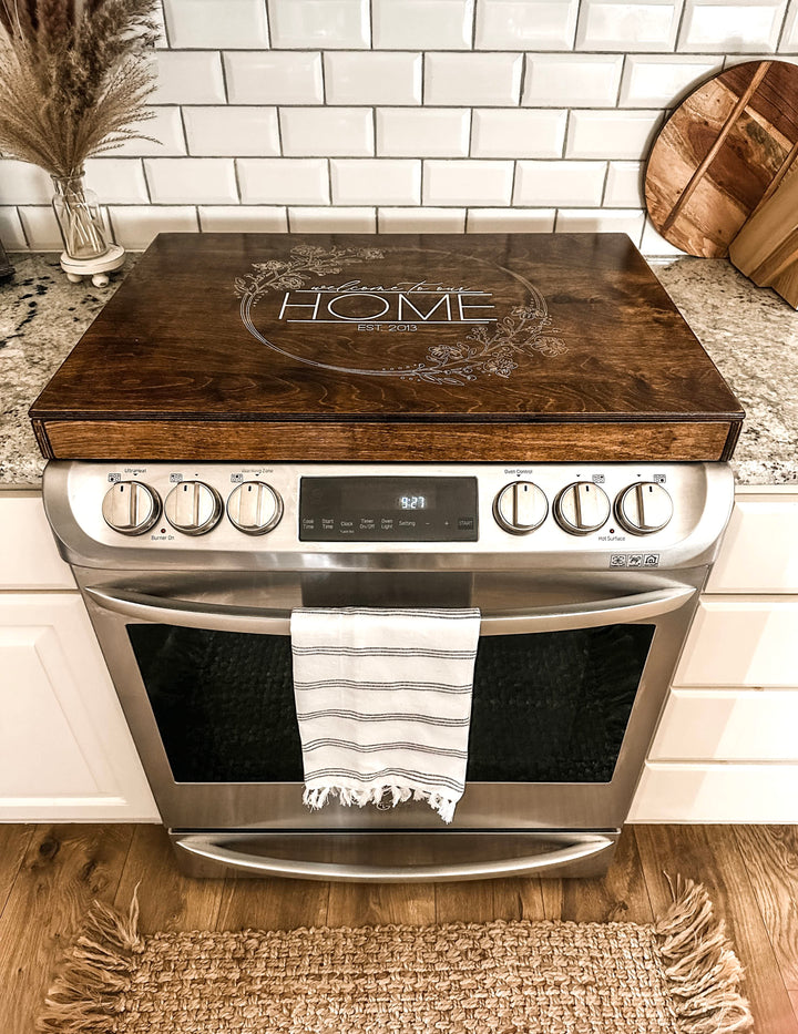 Personalized "welcome to our home" stove cover, warm brown + soft white