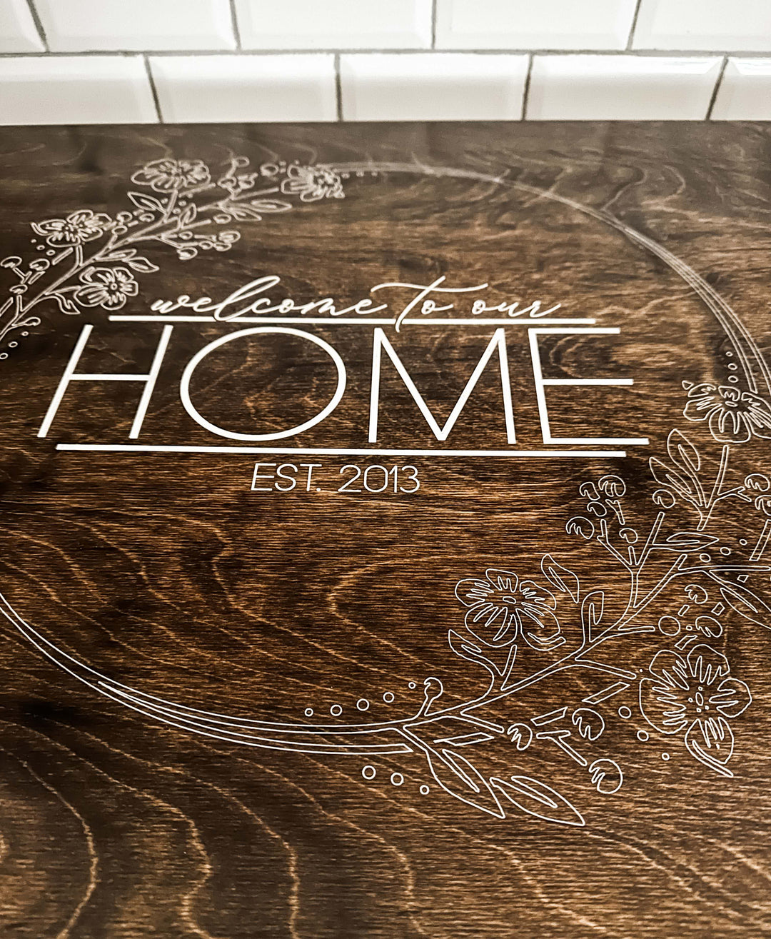 Personalized "welcome to our home" stove cover, warm brown + soft white