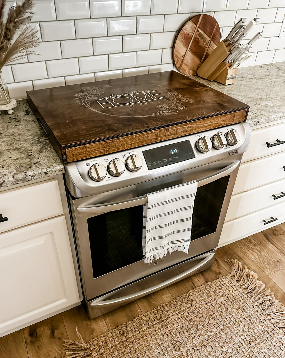 Personalized "welcome to our home" stove cover, warm brown + soft white