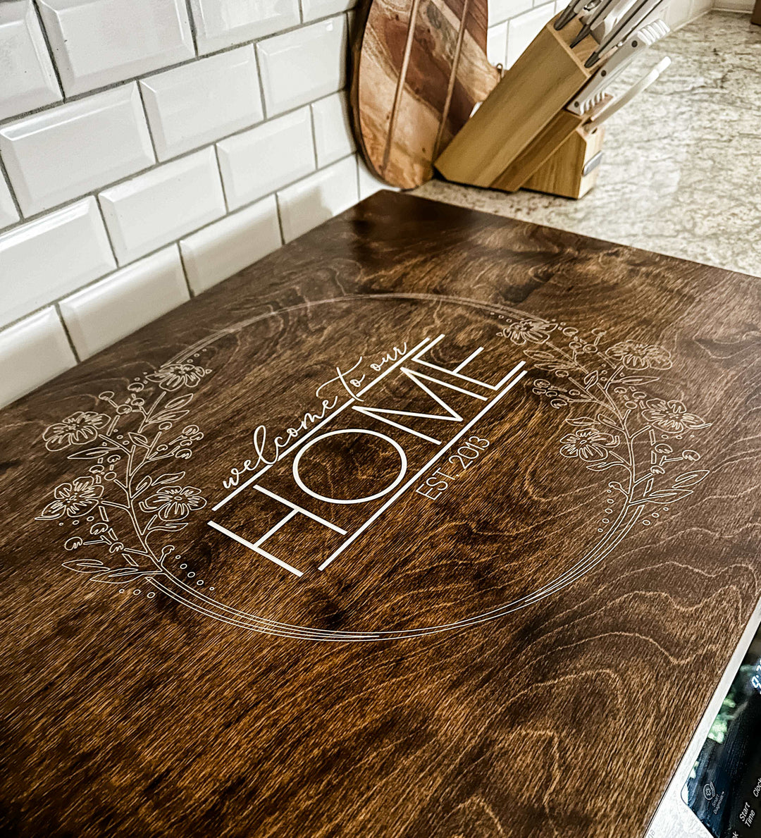 Personalized "welcome to our home" stove cover, warm brown + soft white