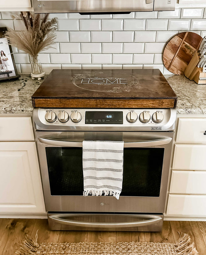 Personalized "welcome to our home" stove cover, warm brown + soft white