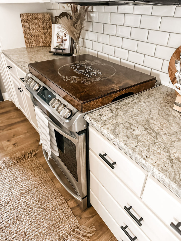 Personalized "welcome to our home" stove cover, warm brown + soft white