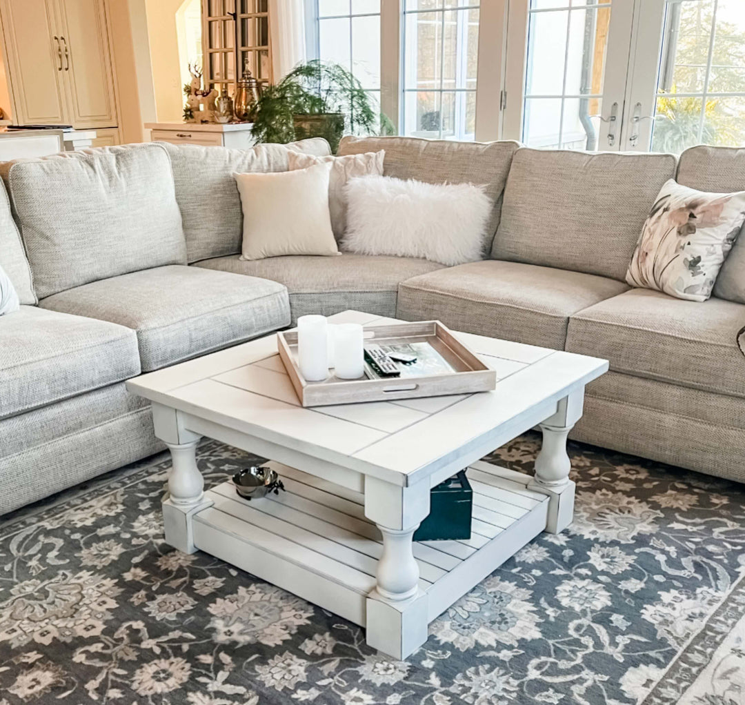 Rustic baluster square farmhouse coffee table all over painted and distressed