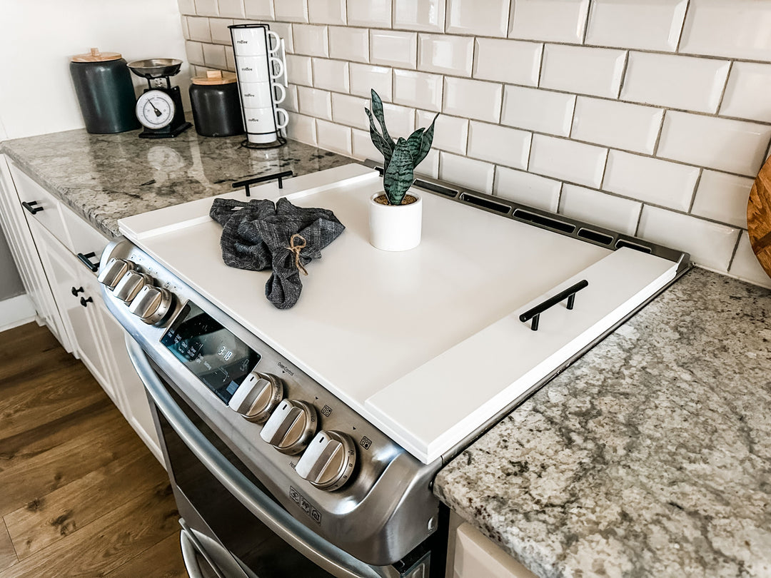 Clean and simple minimalist soft white stove cover