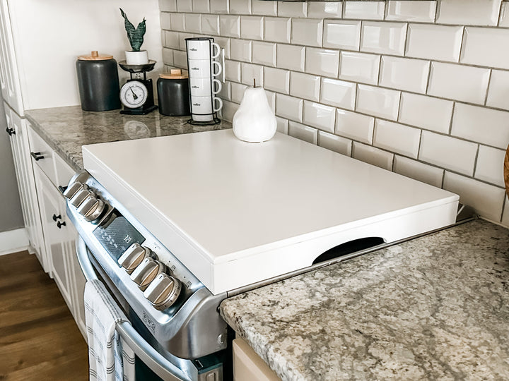 Clean and simple minimalist soft white stove cover