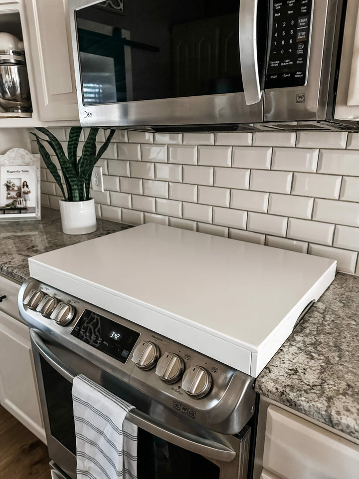 Clean and simple minimalist soft white stove cover